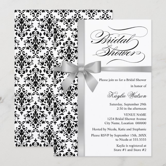 Invitación Damask Faux Silver Ribbon Bribon Shower (Anverso / Reverso)