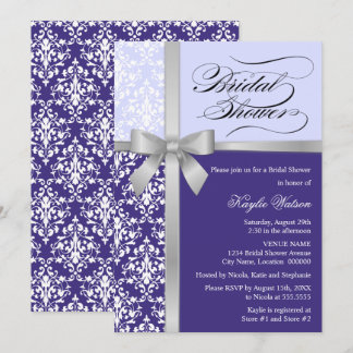 Invitación Damask Faux Silver Ribbon Morple Briple Shower