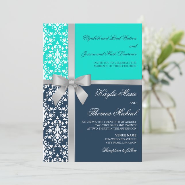 Invitación Damask Faux Silver Ribbon Navy Aqua Boda (Anverso de pie)