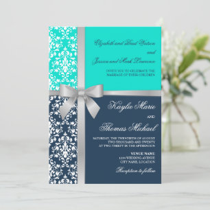 Invitación Damask Faux Silver Ribbon Navy Aqua Boda