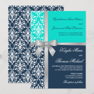 Invitación Damask Faux Silver Ribbon Navy Aqua Boda