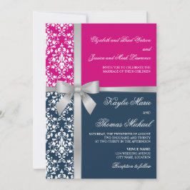 Invitación Damask Faux Silver Ribbon Navy Fuchsia Boda
