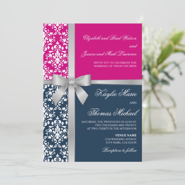 Invitación Damask Faux Silver Ribbon Navy Fuchsia Boda (Anverso de pie)