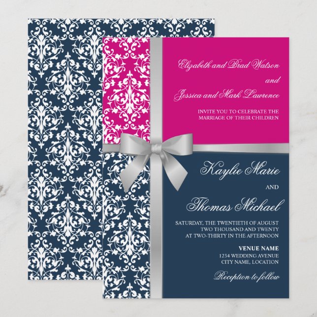 Invitación Damask Faux Silver Ribbon Navy Fuchsia Boda (Anverso / Reverso)