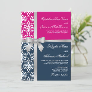 Invitación Damask Faux Silver Ribbon Navy Fuchsia Boda