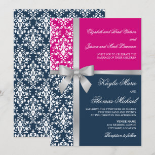 Invitación Damask Faux Silver Ribbon Navy Fuchsia Boda
