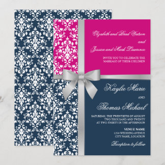 Invitación Damask Faux Silver Ribbon Navy Fuchsia Boda