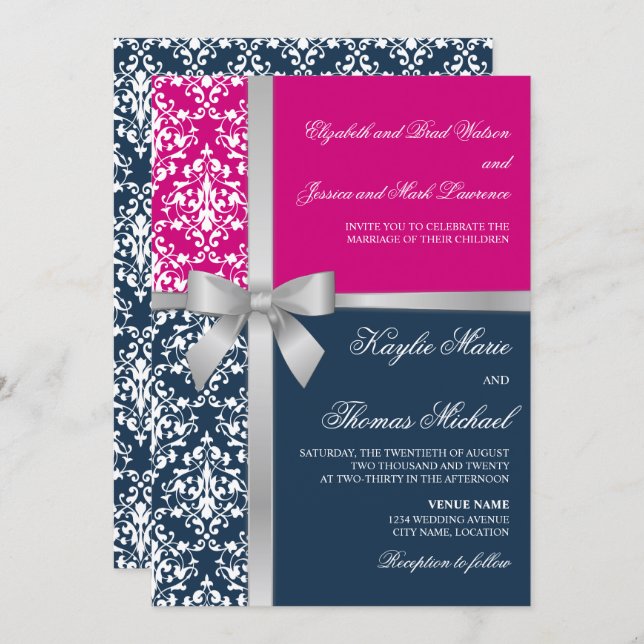 Invitación Damask Faux Silver Ribbon Navy Fuchsia Boda (Anverso / Reverso)