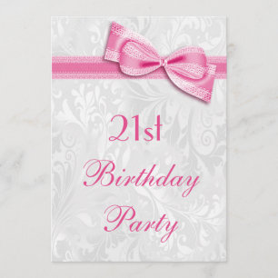 Invitación Damask, Fiesta de cumpleaños, y Faux Bow rosa