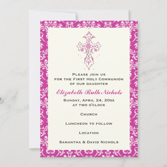 Invitación Damask First Holy Communion Baptism Confirmation (Anverso)