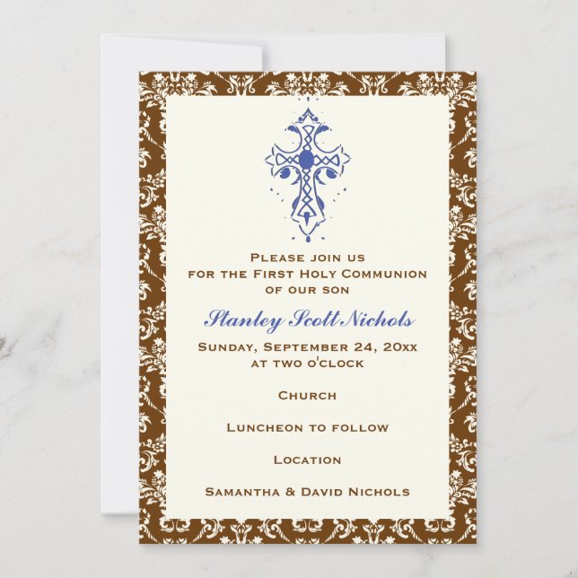 Invitación Damask First Holy Communion Baptism Confirmation (Anverso)
