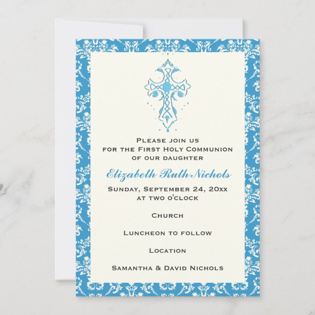 Invitación Damask First Holy Communion Baptism Confirmation (Anverso)