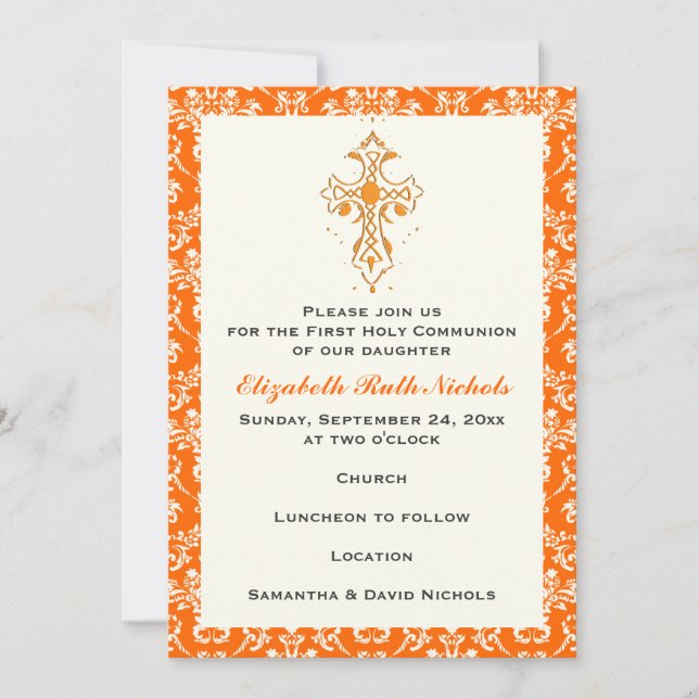 Invitación Damask First Holy Communion Baptism Confirmation (Anverso)