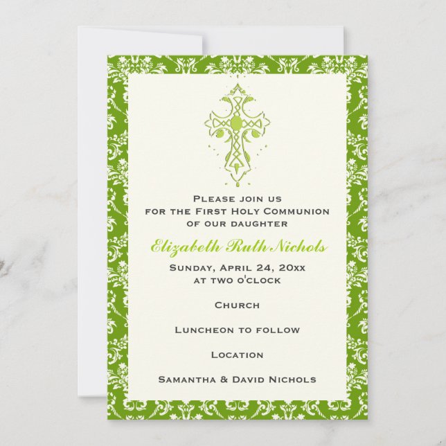 Invitación Damask First Holy Communion Baptism Confirmation (Anverso)