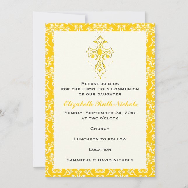 Invitación Damask First Holy Communion Baptism Confirmation (Anverso)