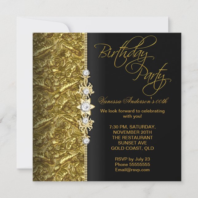 Invitación Damask Floral Birday Party Gold Black 3 (Anverso)