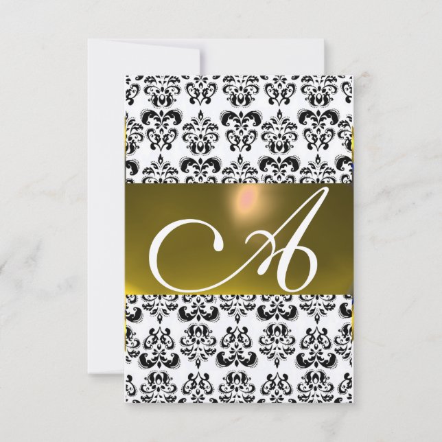 Invitación DAMASK GEM MONOGRAM amarillo blanco rsvp oro (Anverso)
