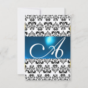 Invitación DAMASK GEM MONOGRAM azul blanco rsvp