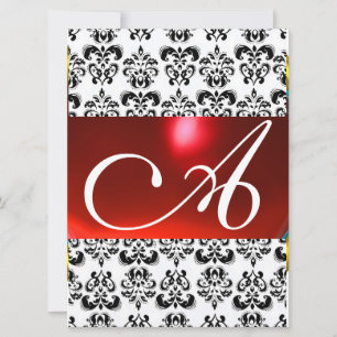 Invitación DAMASK GEM MONOGRAM blanco rojo