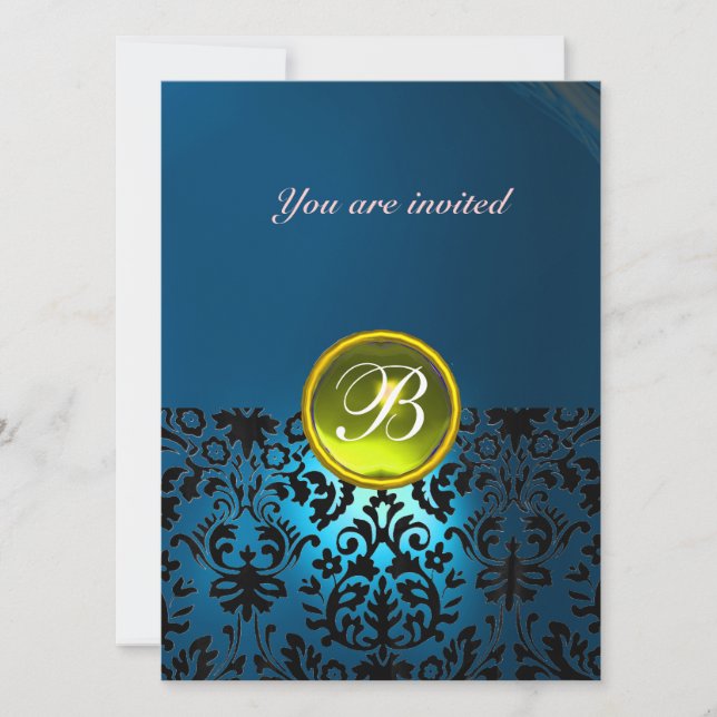 Invitación DAMASK GEM STONE MONOGRAM amarillo azul rsvp (Anverso)