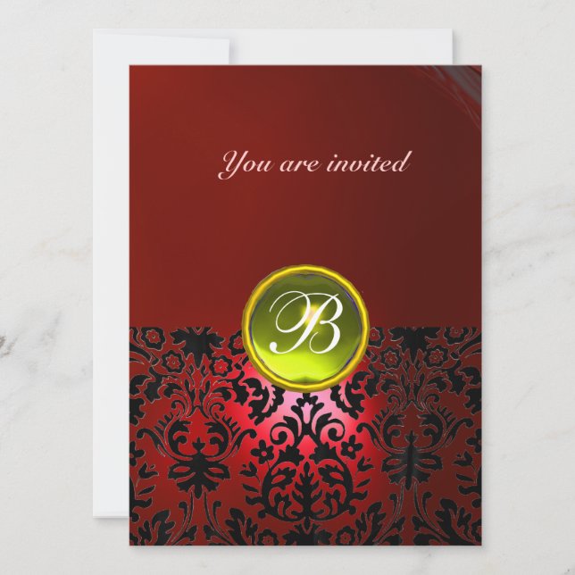 Invitación DAMASK GEM STONE MONOGRAM amarillo rojo (Anverso)