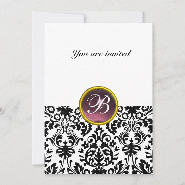 Invitación DAMASK GEM STONE MONOGRAM amethyst morado blanco (Anverso)