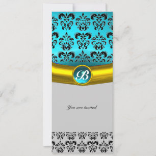 Invitación DAMASK GEM STONE MONOGRAM, azul blanco amarillo