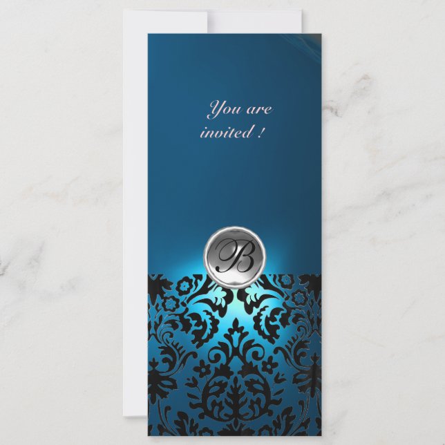 Invitación DAMASK GEM STONE MONOGRAM azul blanco, verde azula (Anverso)