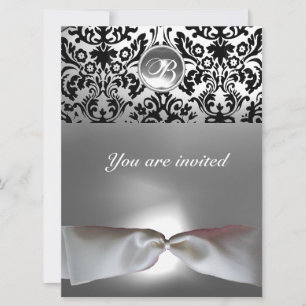Invitación DAMASK GEM STONE MONOGRAM cinta blanca gris negro
