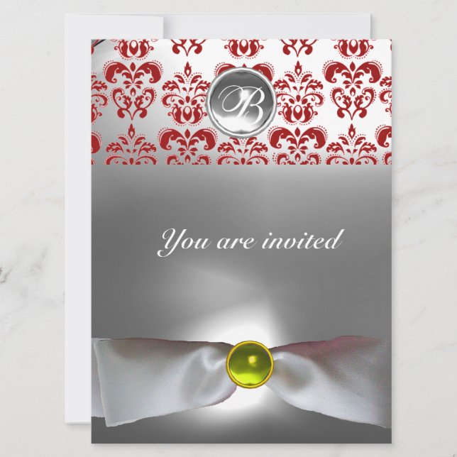 Invitación DAMASK GEM STONE MONOGRAM cinta blanca roja (Anverso)