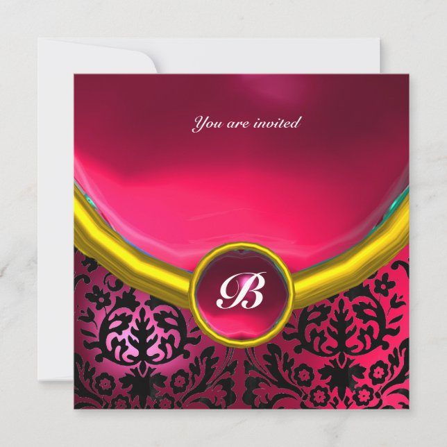 Invitación DAMASK GEM STONE MONOGRAM fuchsia ruby rosa (Anverso)