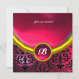 Invitación DAMASK GEM STONE MONOGRAM fuchsia ruby rosa