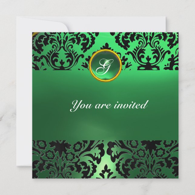 Invitación DAMASK GEM STONE MONOGRAM jade verde (Anverso)