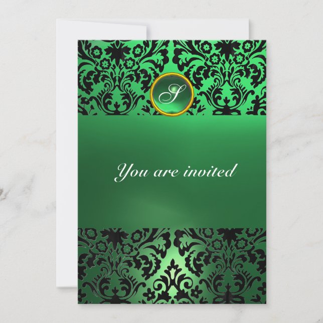 Invitación DAMASK GEM STONE MONOGRAM jade verde (Anverso)