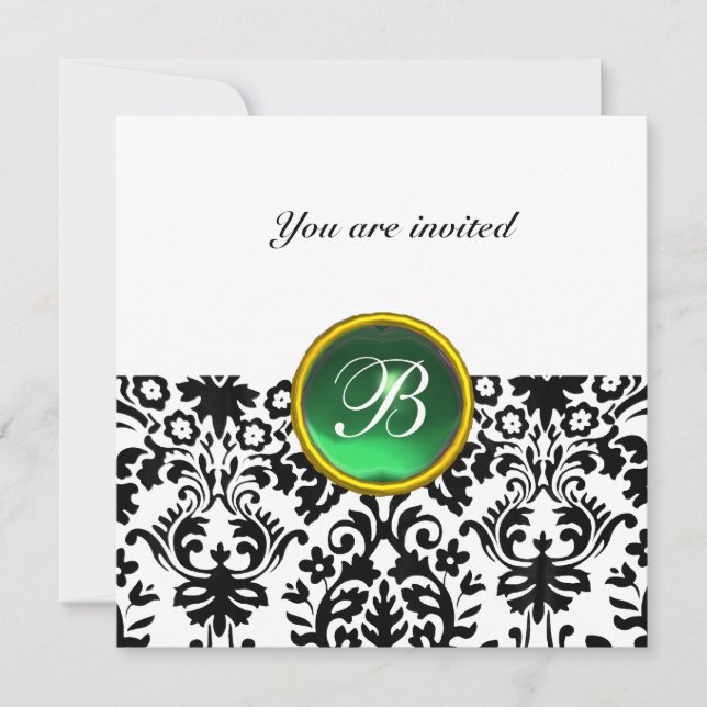 Invitación DAMASK GEM STONE MONOGRAM jade verde blanco (Anverso)