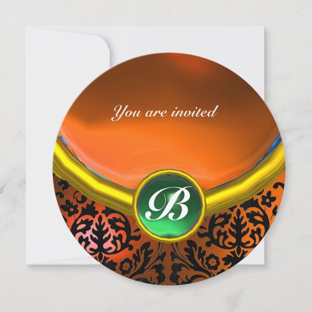 Invitación DAMASK GEM STONE MONOGRAM naranja verde (Anverso)
