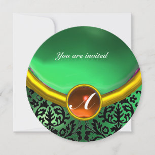 Invitación DAMASK GEM STONE MONOGRAM naranja verde