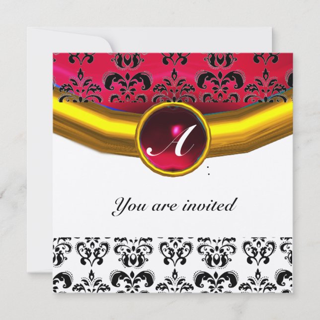 Invitación DAMASK GEM STONE MONOGRAM oro rojo burdeos (Anverso)