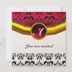 Invitación DAMASK GEM STONE MONOGRAM oro rojo burdeos