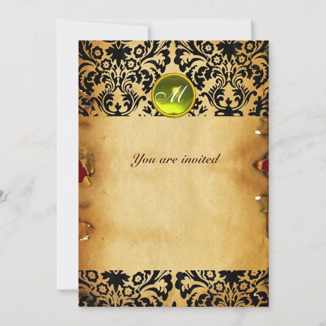 Invitación DAMASK GEM STONE MONOGRAM pergamino amarillo (Anverso)