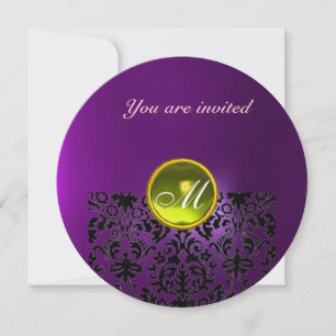 Invitación DAMASK GEM STONE MONOGRAM púrpura amarillo