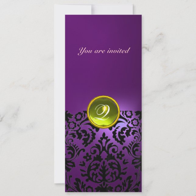 Invitación DAMASK GEM STONE MONOGRAM púrpura amarillo (Anverso)
