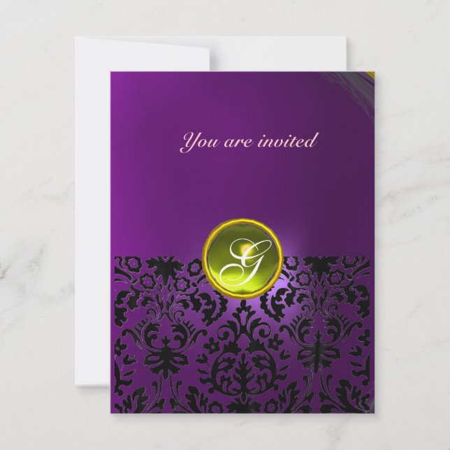 Invitación DAMASK GEM STONE MONOGRAM púrpura amarillo (Anverso)