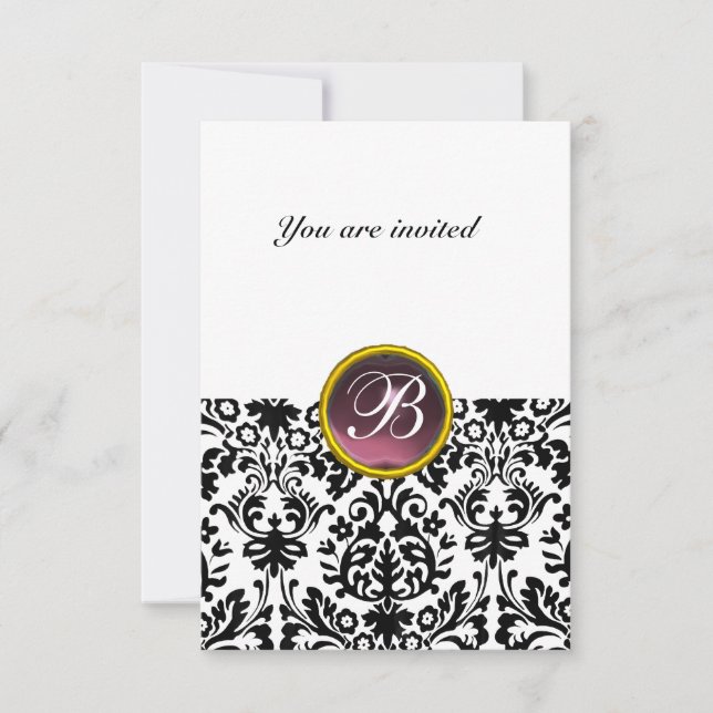 Invitación DAMASK GEM STONE MONOGRAM púrpura blanco rsvp (Anverso)