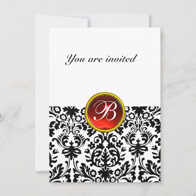 Invitación DAMASK GEM STONE MONOGRAM rubby rojo blanco rsvp (Anverso)