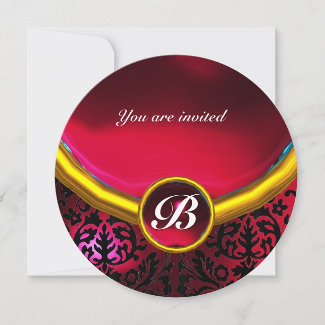 Invitación DAMASK GEM STONE MONOGRAM rubí rojo burdeos (Anverso)