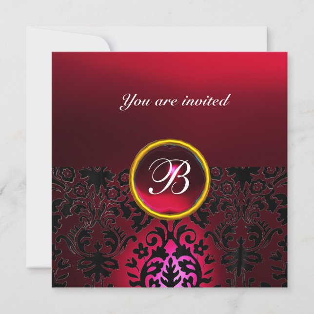 Invitación DAMASK GEM STONE MONOGRAM rubí rojo burdeos (Anverso)