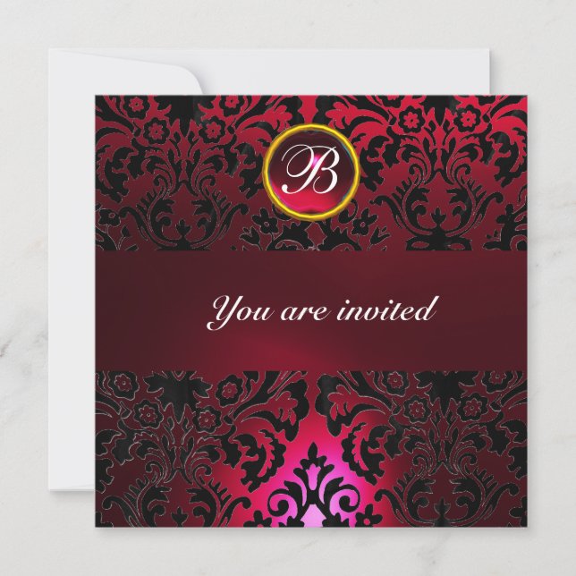 Invitación DAMASK GEM STONE MONOGRAM rubí rojo burdeos (Anverso)