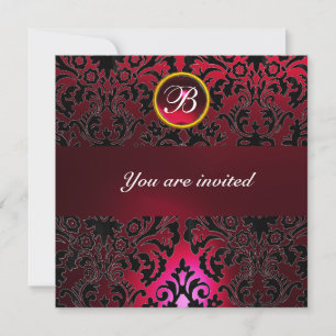 Invitación DAMASK GEM STONE MONOGRAM rubí rojo burdeos