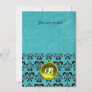 Invitación DAMASK GEM STONE MONOGRAM seda azul blanco